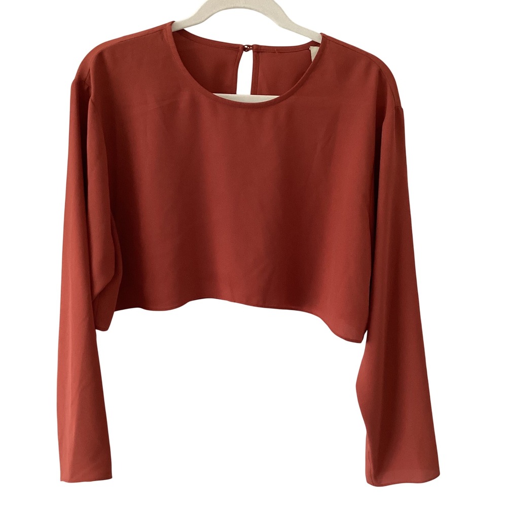 Luxely‎ Rust Orange Long Sleeve Cropped Blouse Keyhole Back Size 14 Minimalist